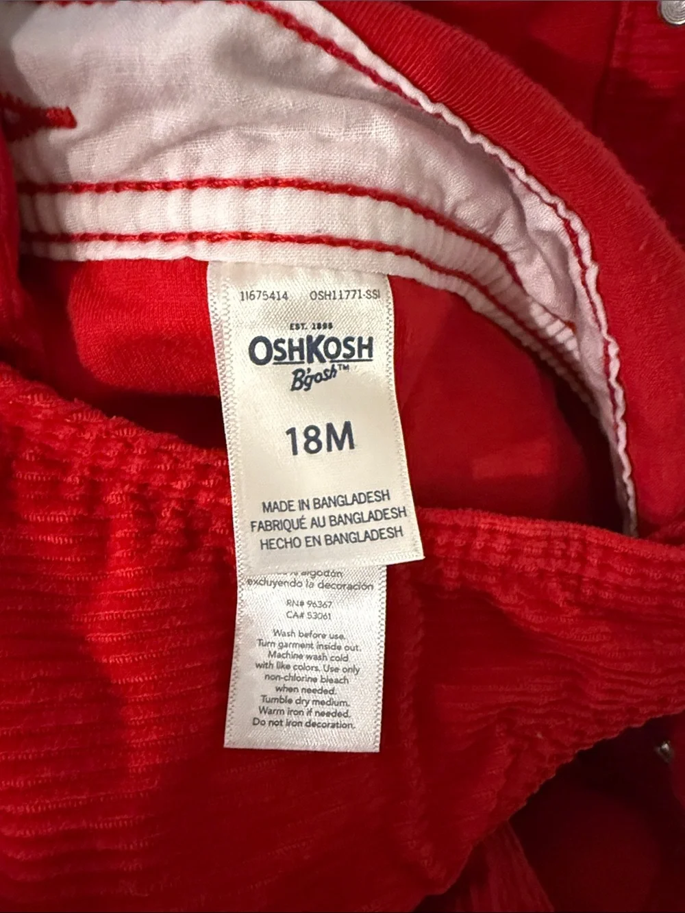 OshKosh B'gosh Red Corduroy Overalls 18M Vintage Style Toddler